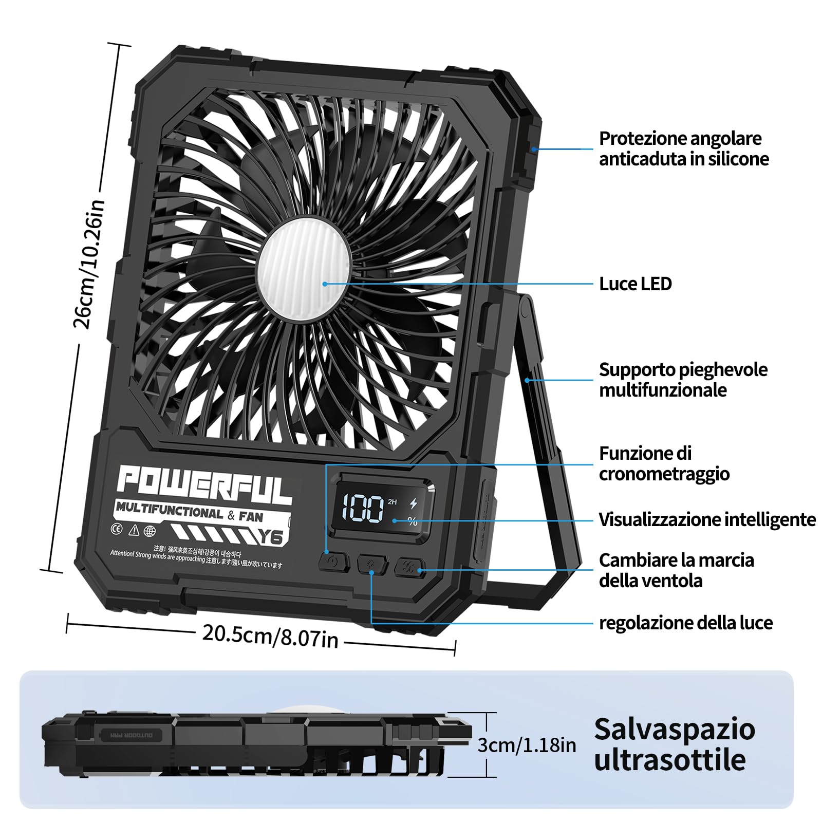 Ventilatore da Campeggio Portatile Alimentato a Batteria da 20000 mAh, Ventilatore da Viaggio Ricaricabile da 8 Pollici, Fino a 82 Ore di Durata Della Batteria, Adatto Per Camera da Letto, Esterno