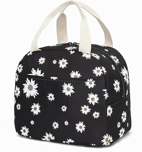 Miniatura 10 de Bolsa de almuerzo para mujeres, reutilizable, aislada, para el trabajo, escuela, picnic, playa (cereza) Cereza,negro (Daisy