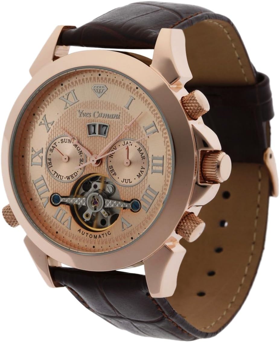 Yves Camani Navigator Men's Automatic Watch with Rose Gold Dial Analogue Display and Brown Leather Bracelet Yc1020-C