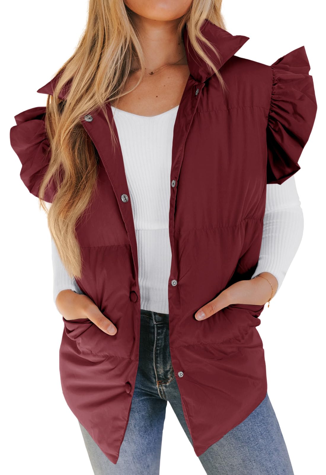 Valphsio Womens Puffer Vest Fall Winter Ruffle Sleeve Gilet Outerwear Coat