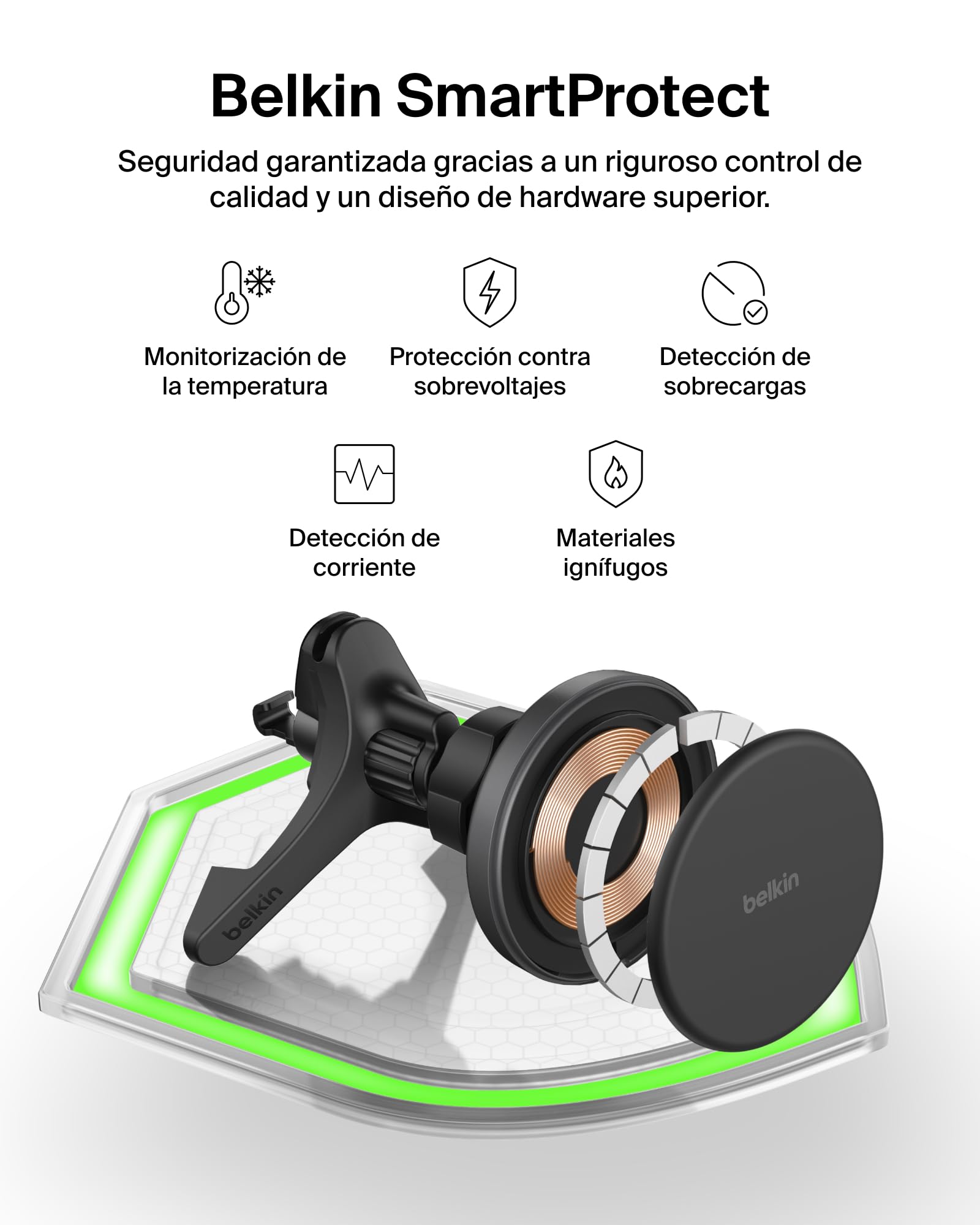 Belkin Cargador Coche Carga Rápida con Soportes para Rejilla de Ventilación y Salpicadero, Cable USB-C, Cargador Magnético Inalámbrico Qi2, MagSafe, iPhone 17, Pixelsnap y Galaxy S25 - Negro