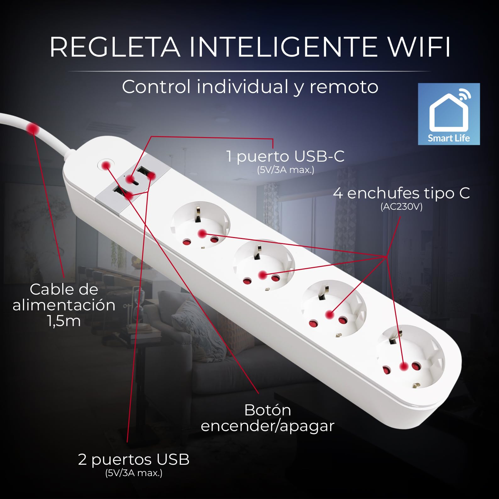 LED ATOMANT 4X Regleta WiFi USB Alargador 4 Tomas 2 USB 1 Tipo C | Compatible con Alexa y Google Assistant, App Smart Life y Tuya