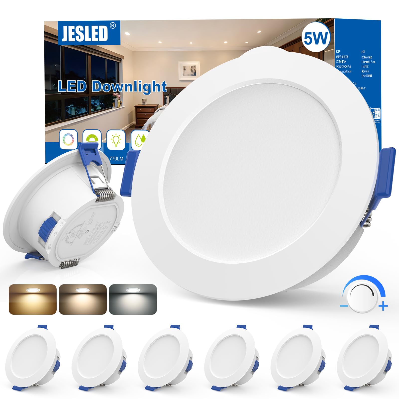 JESLED LED Einbaustrahler 230V Dimmbar, 5W 400LM LED Spot 68mm - 78mm Lochmaß, IP54 Einbauleuchten Für Badezimmer Küche Wohnzimmer, 3000K/4000K/6500K Einbauspots, Rund Weiss 6er Set