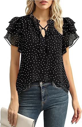 Lotusmile Summer Chiffon Dressy Casual Blouses with Ruffle Sleeves and Tie Neck