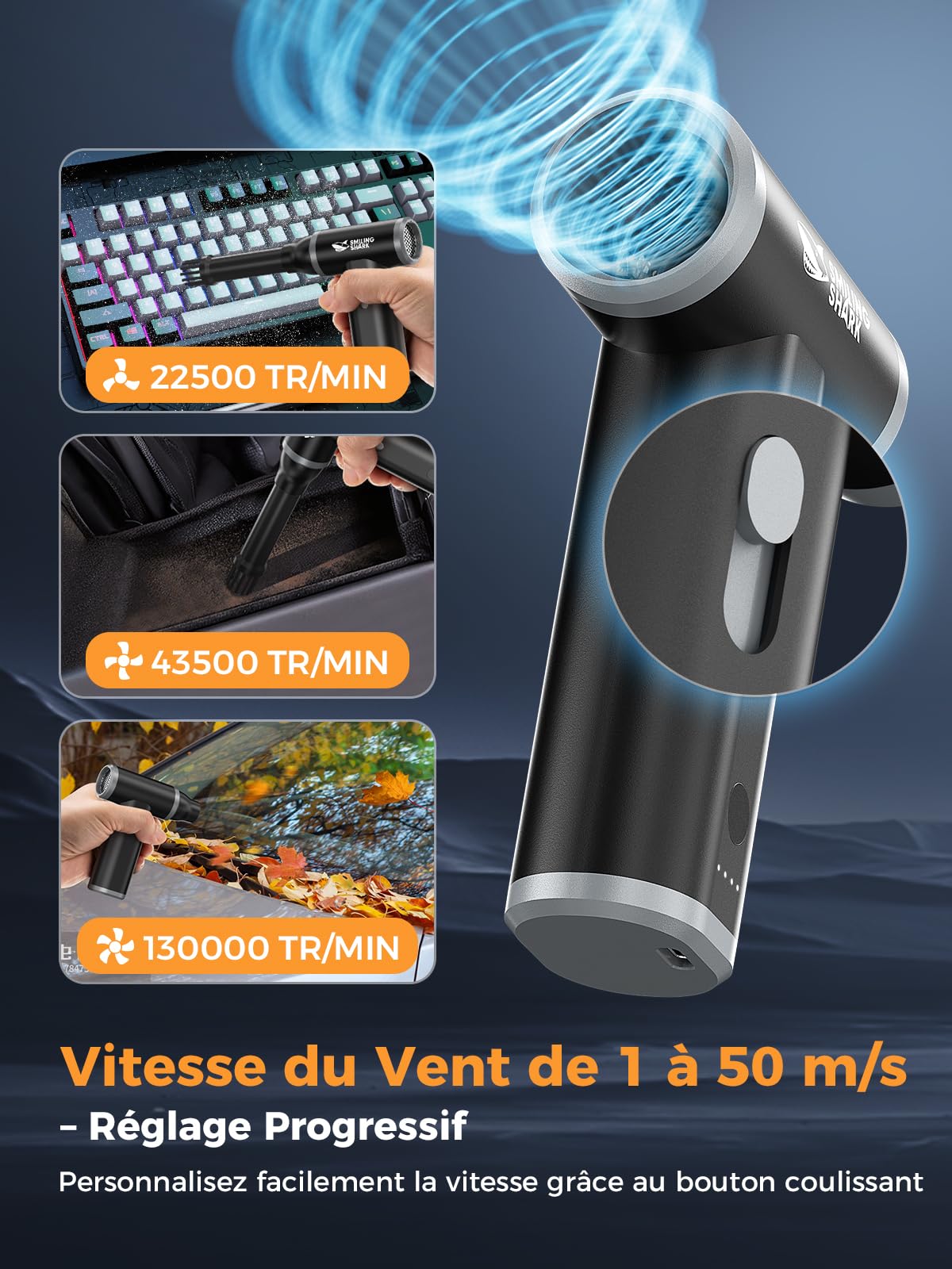 Smiling Shark Souffleur Air Comprimé, J01 en Alliage d'Aluminium 130000TR/Min Dépoussiérants Puissants Électrique avec Vitesse Stepless Ventilateur Turbo Portable pour Cooling/PC/Camping/Auto, Noir