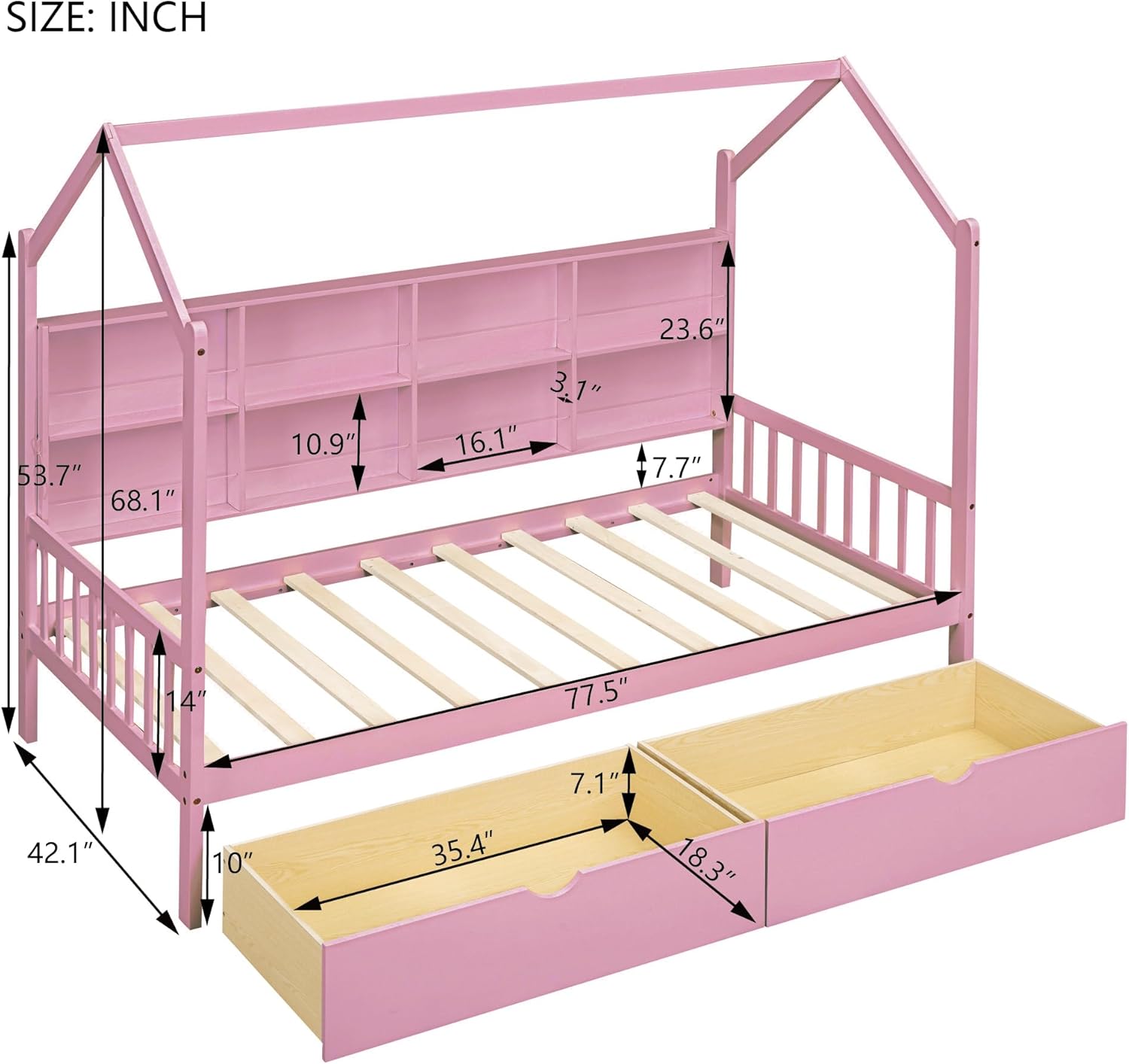 Wooden Twin Size House Bed with 2 Drawers,Kids Bed with Storage Shelf for Kids Teens Girls, Pink,77.5" L x 42.1.6" W x 68.2" H