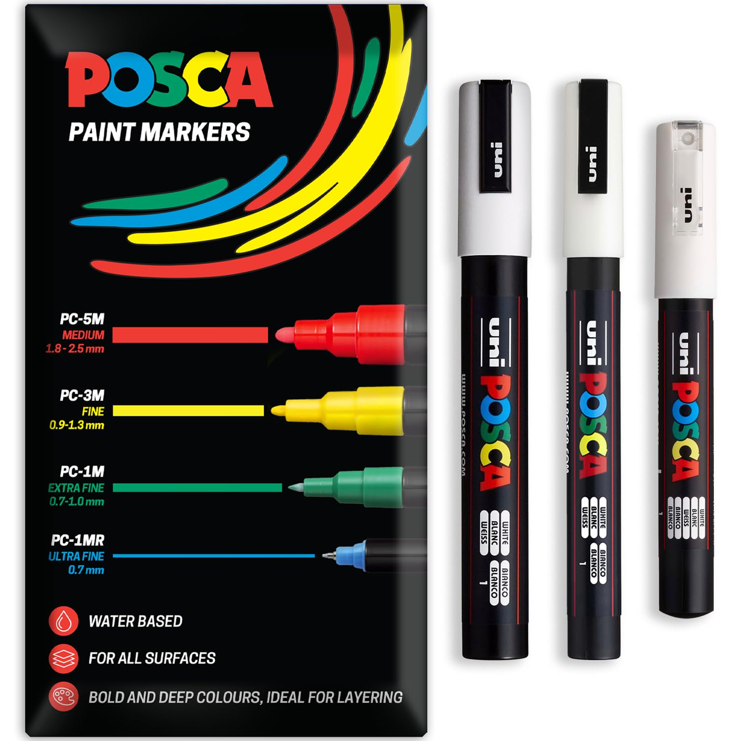Posca - Rotulador de pintura permanente a base de agua - Uso multisuperficie - PC-1M, PC-3M, PC-5M - Juego de 3 rotuladores en estuche (blanco)