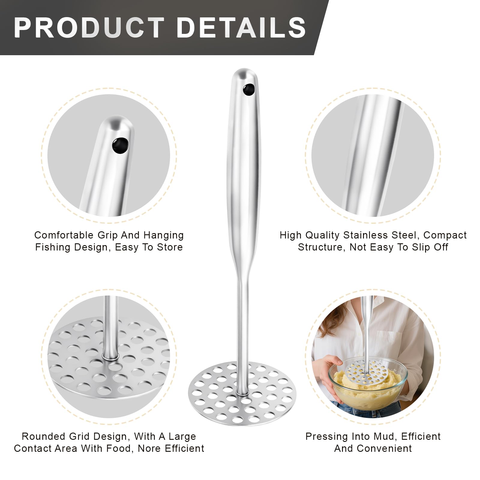 Aplastador de Patatas, Machacador de Acero Inoxidable, Apto para Lavavajillas, Potato masher Para Aplasta Patatas,Frutas,Verduras(25.3 x 8.7 cm)
