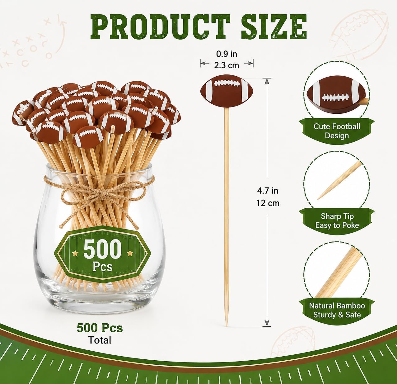 Football Cocktail Picks 500 Pcs, 4.7 Inch Brown Bamboo Appetizer Skewers