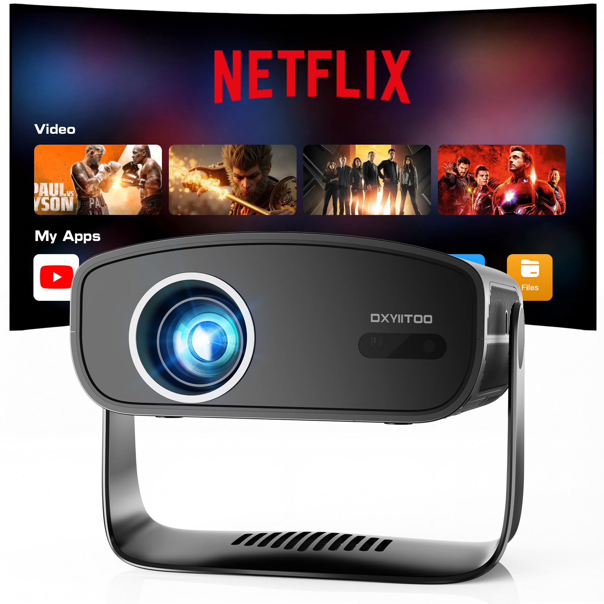 【넷플릭스 및 네이티브 1080P와 호환】Wi-Fi 및 블루투스가 있는 스마트 프로젝터, 4K 지원 홈 무비 프로젝터, 자동 초점 및 키스톤 휴대용 야외 프로젝터, 침실용 무선 프로젝터, 블랙
