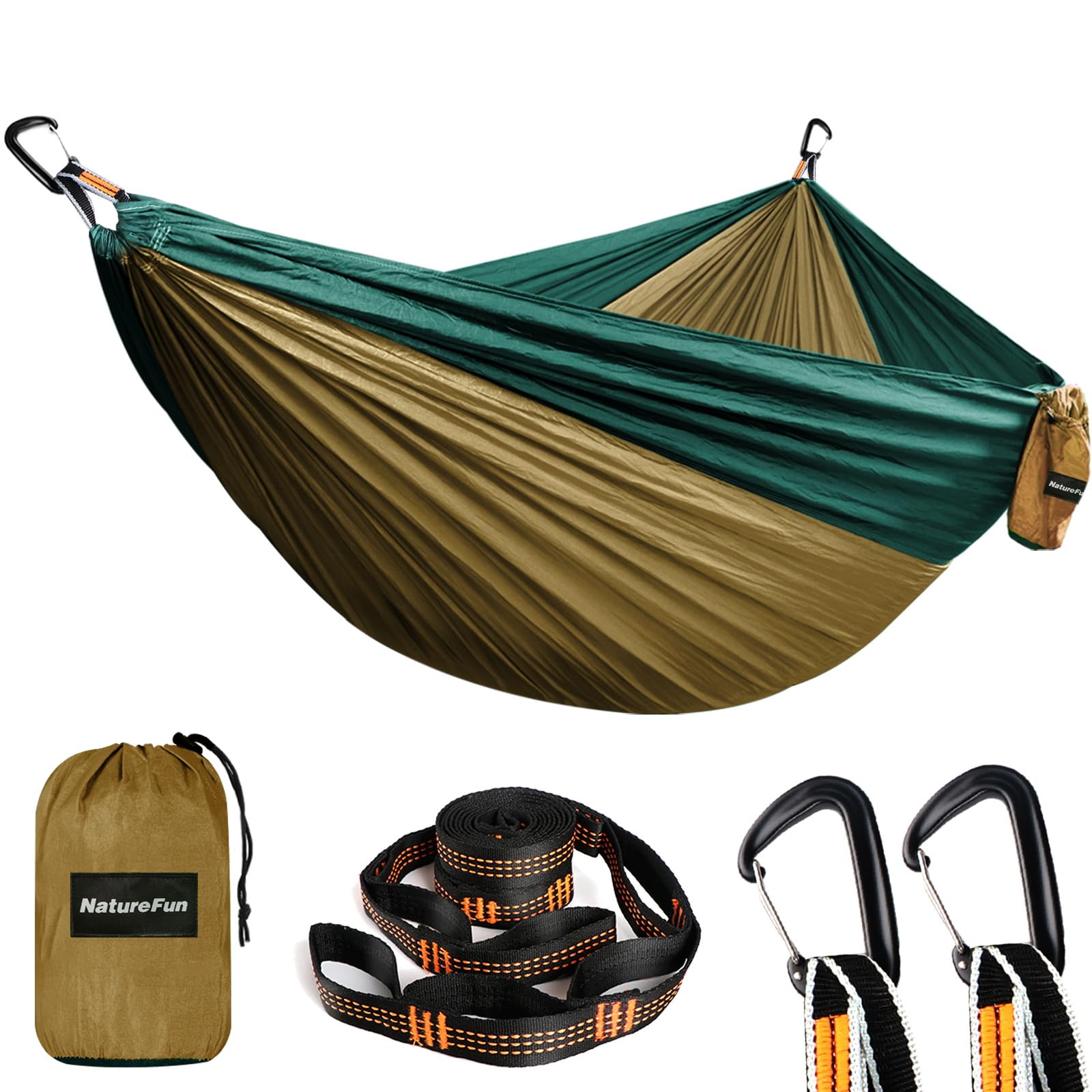 NATUREFUN Ultraleichte Reise Camping Hängematte | 300kg Tragkraft (300 x 200 cm) Atmungsaktiv, Schnelltrocknendes Fallschirm Nylon | 2 x Premium Karabiner, 2 x Nylon-Schlingen Inbegriffen | Draußen
