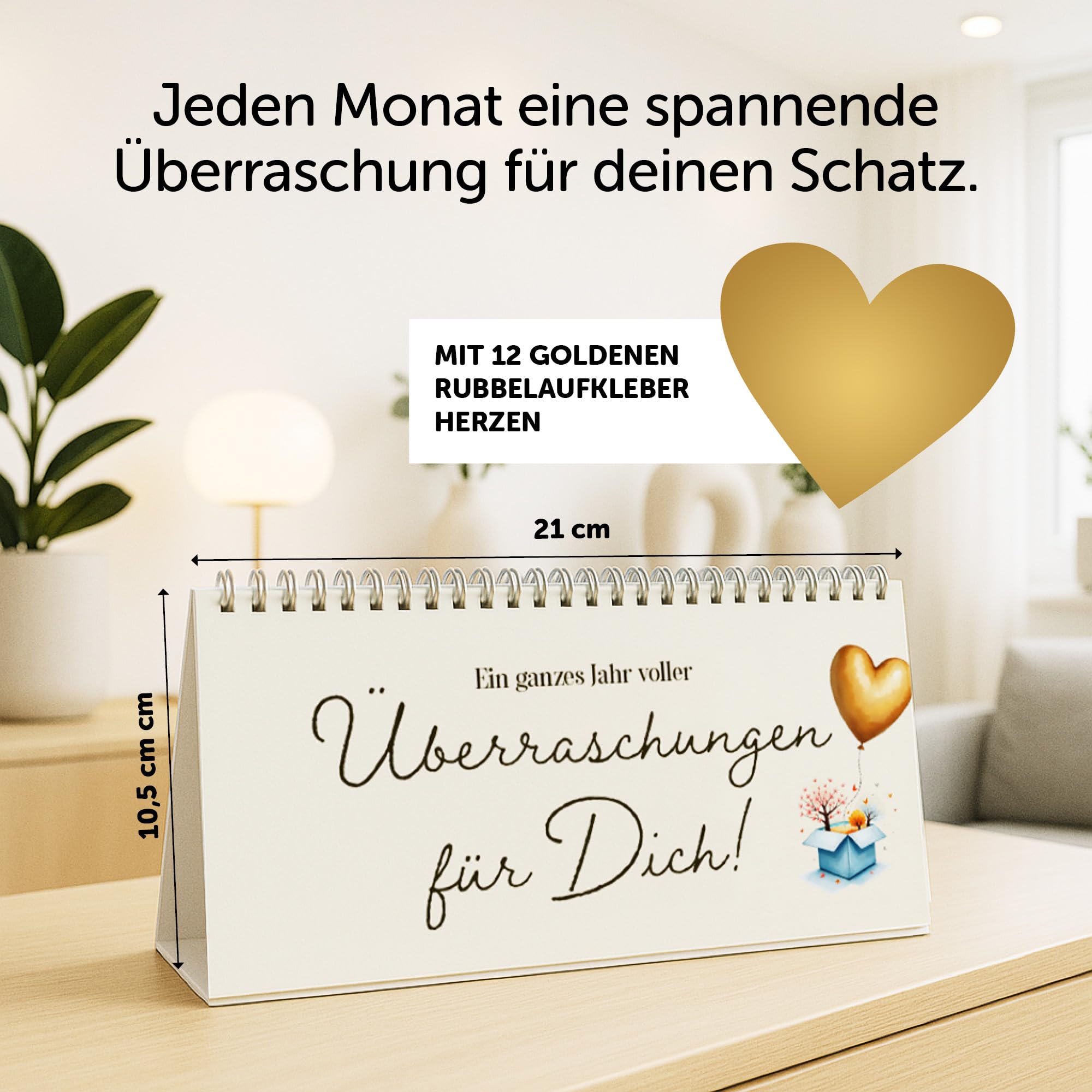 Gutscheinkalender für Paarzeit und Dates, Tischkalender DIN Lang mit 12 Seiten und Rubbelaufkleber, neutraler Kalender, Gutscheine zum selber ausfüllen, Gutscheinbuch Kalender