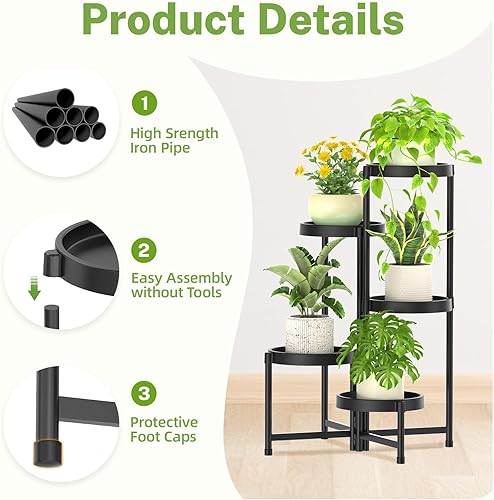 Miniatura 4 de iDavosic.ly Soporte plegable de 5 niveles para plantas para interiores y exteriores con bandeja de plástico, estante de esquina escalonada para