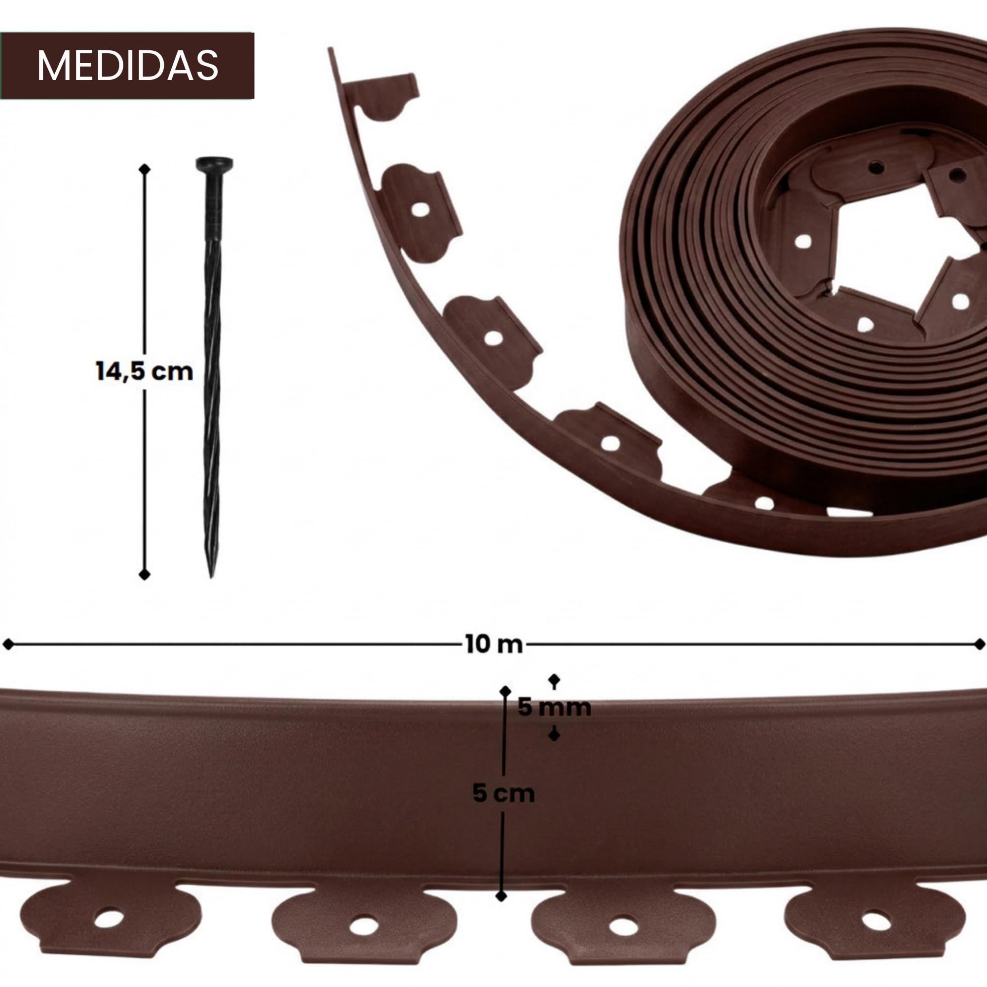 Ediesi, Bordura per giardino 10 m flessibile, bordo aiuole plastica resistente 5 mm, bordatura giardino per prato vialetti, installazione facile con 30 picchetti (Marrone, 10 metri)