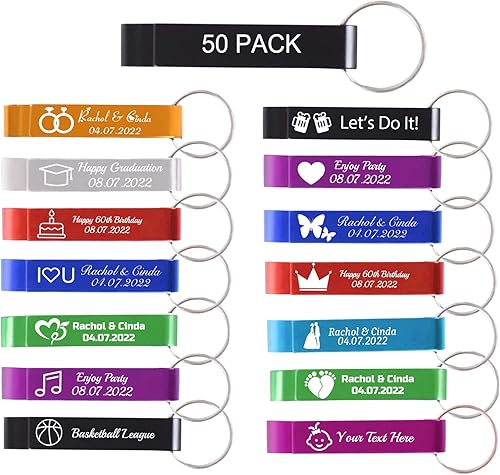 50 unidades de abrebotellas personalizado a granel, abrebotellas personalizado llavero con texto de logotipo grabado personalizado regalos de fiesta