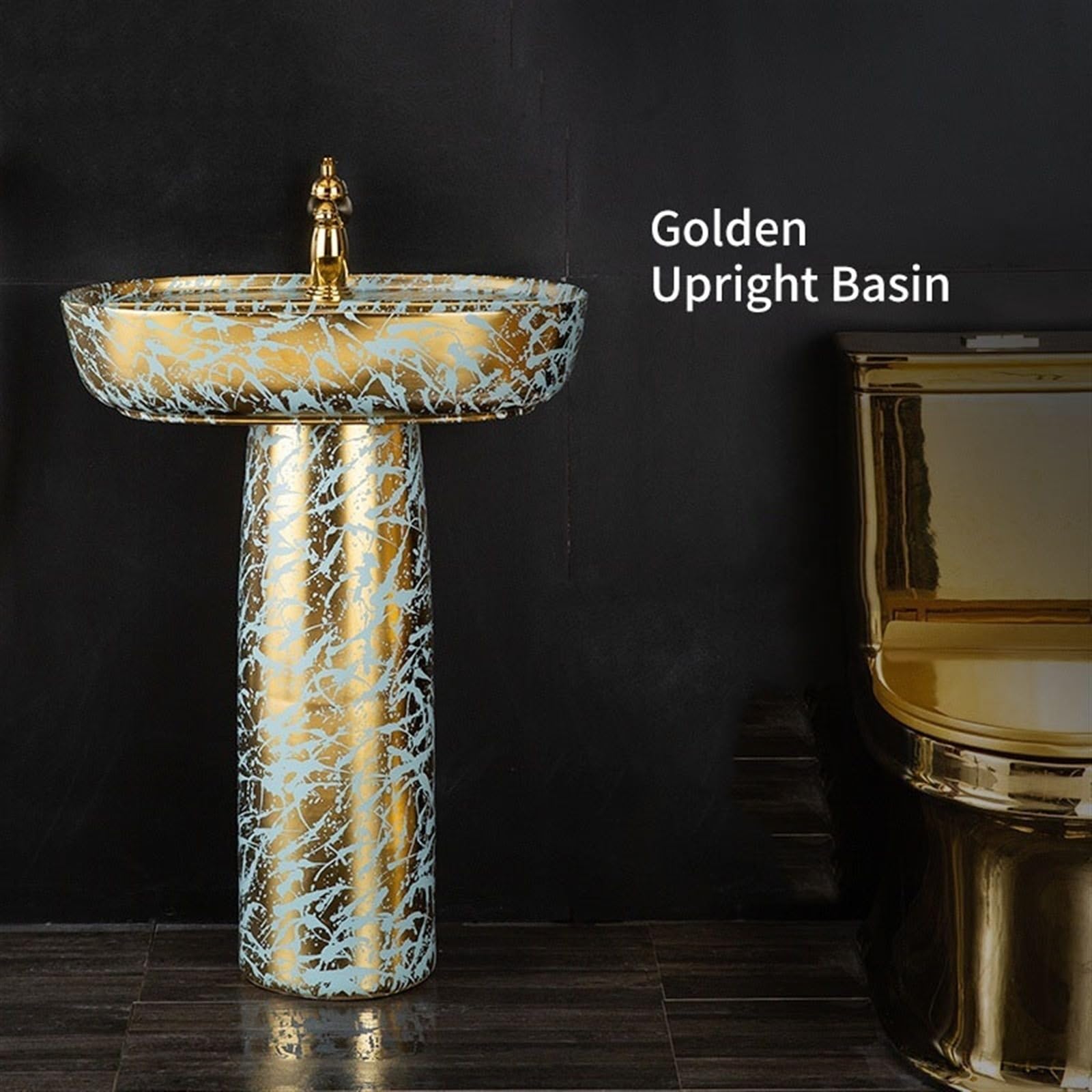 Light Luxury - Lavabo de columna dorada de 2 piezas, combo de lavabo de pie con grifo y drenaje y espejo, lavabo artístico de cerámica, tamaño A, B-One Size
