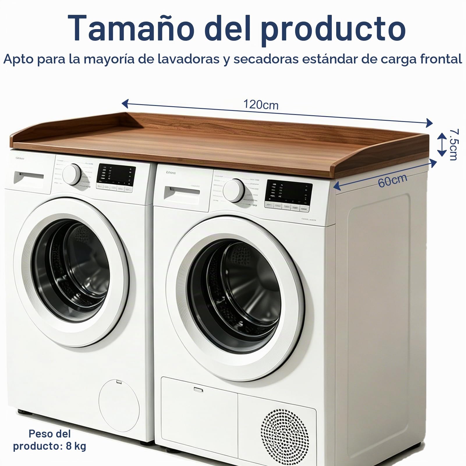 Encimera Lavadora y Secadora 120x60, Encimera Lavadora Madera, Washer Dryer Countertop, Impermeable, Resistente a los Arañazos, Instalación Rápida para Lavadora y Secadora, Hasta 50 kg (Nogal)