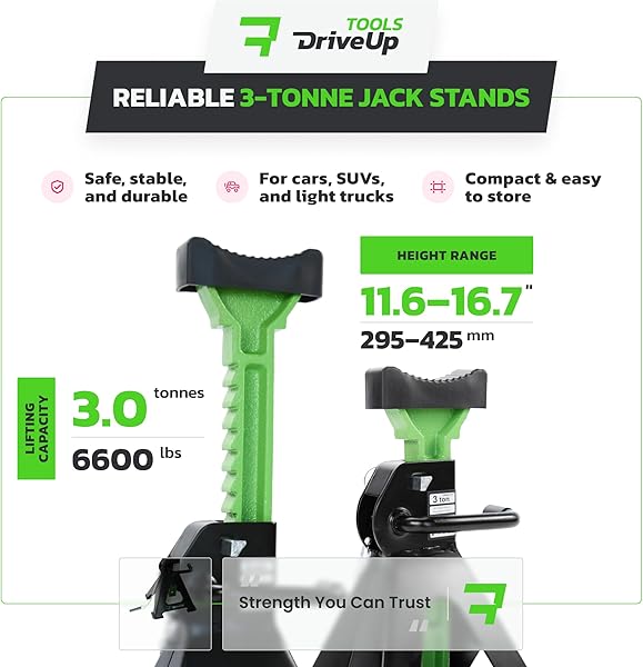 DriveUpTools DRIVEUPTOOLS Axle Stands 3 Tons with Rubber Pad | Stabilizing Jack Stands Pack of 2 | Lifting Height 11.6-16.7 Inches | Car Lift | Heavy-Duty Car Stands 3 Tons (6,600 lbs) | Durable Axle Stands (x2) in use