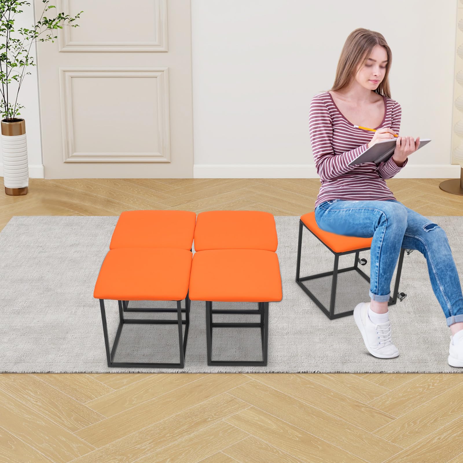 5 in 1 Sgabello multifunzione a cubo con ruote e freni, superficie in poliuretano, impilabile, per soggiorno, camera da letto, studio (arancione-rosso)