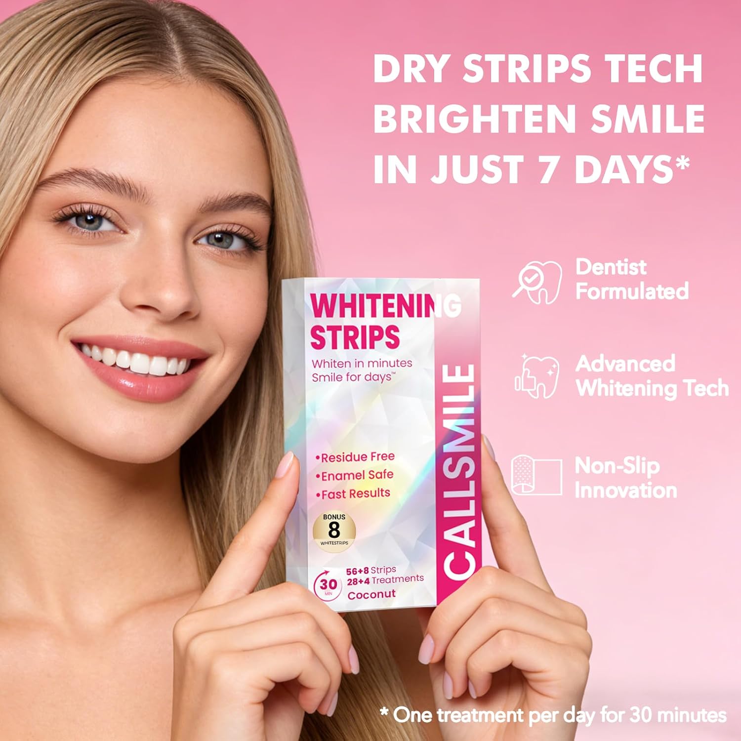 CALLSMILE Whitening Strips for Teeth Sensitive: 64 Strips Gentle Teeth Whitening Strips Enamel Safe Non-Slip Dry Strip Technology Residue Free Daily Oral Care, Coconut