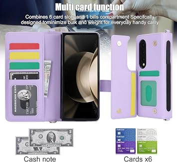Samsung Galaxy Z Fold 3用 ウォレットケース Sペンホルダー&クロスボディランヤードストラップ&リストストリップ付き 耐衝撃 スタイリッシュ 保護カバー Galaxy Z Fold 3用 パープル