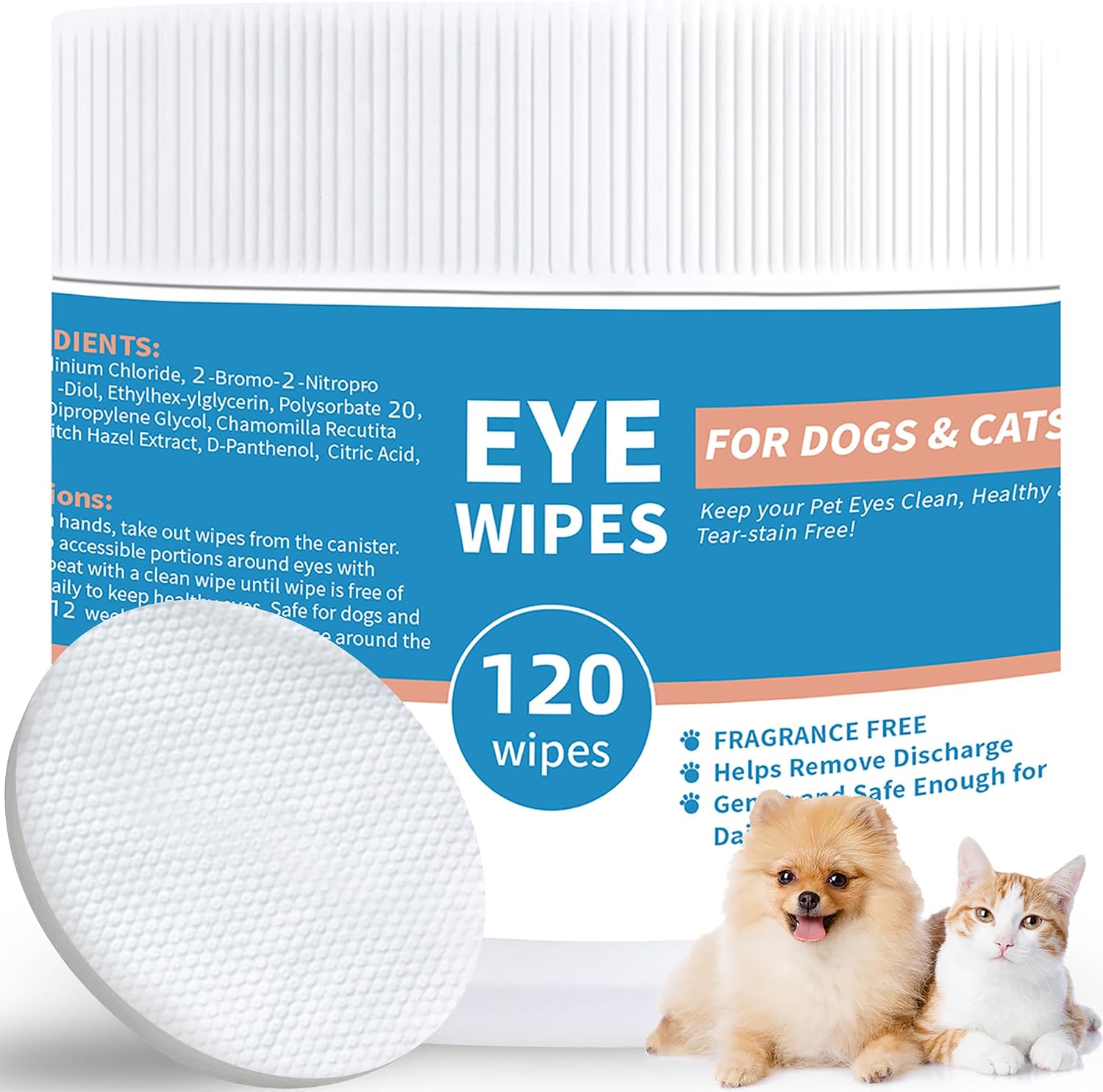Tetesol Dog Cat Eye Wipes - 120 Count 3.15 inch Wet Pad Gentle Tear Stain Remover Wipes for Dogs Cats Horses - Unscented Pet Eye…