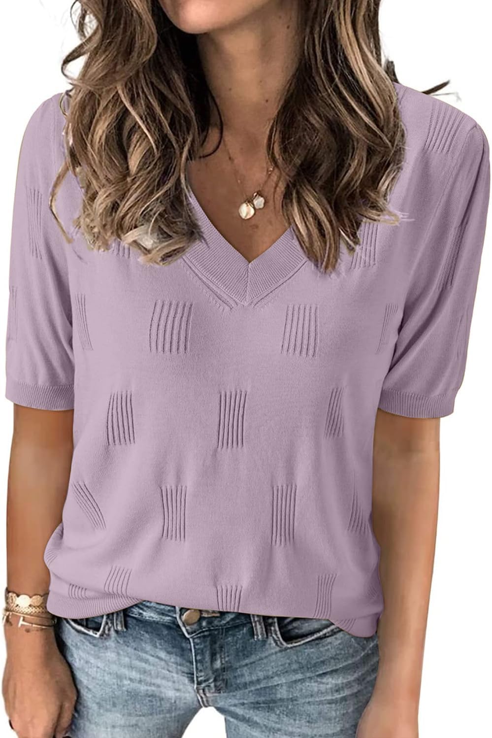 T-shirt Col V Manches Courtes Femme Été - Tricot Côtelé Doux Et Sexy, Basique Confortable Violet / Rose / Divers Coloris