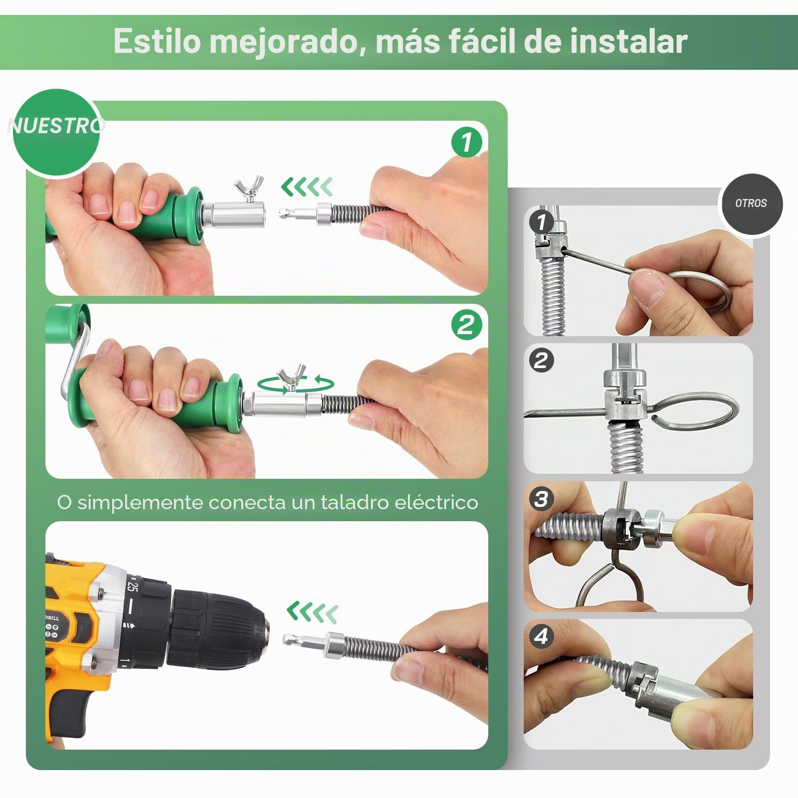 Alambre Desatascador Tuberias,10M*10mm Cable Desatascador Tuberias Fregadero Espiral de Limpieza Profesional con Adaptadores Eléctricos Manuales Fregaderos Cocina Cañerias Desagües Inodoros Obstruidos