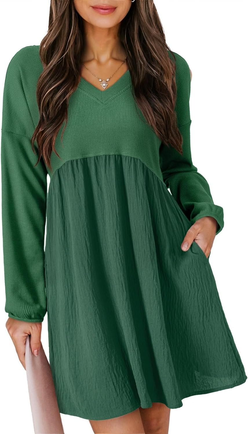 Dokotoo Womens Fall Dresses 2025 Casual V-Neck Long Sleeve Empire Waist Waffle Knit Mini Dress with Pockets