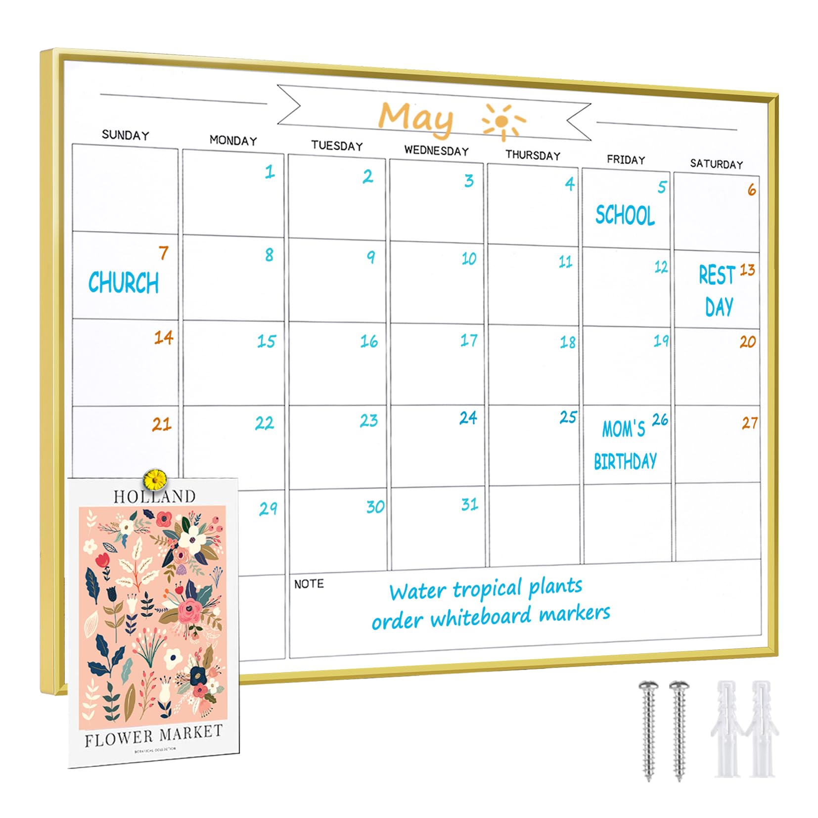 Dry Erase Monthly Calendar Whiteboard, 10.5"x 14.5" Gold Aluminum Frame, Magnetic White Board for Wall Office/School/Home, Hanging Board for