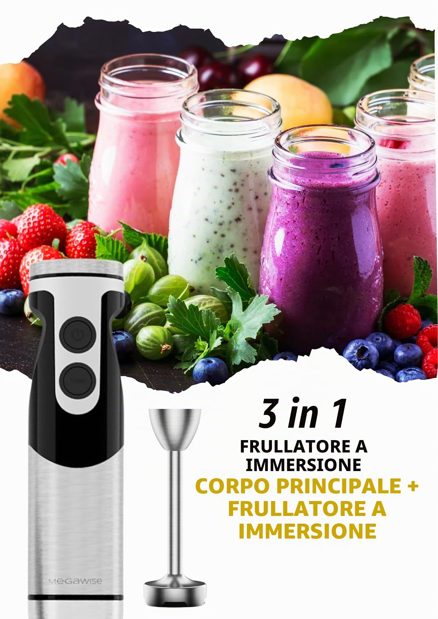 Frullatore a immersione MegaWise Pro Titanium Reinforced 3 in 1, potente motore in rame con lame più affilate dell'80%, frullatore con cavo a 12 velocità, frusta di sicurezza e montalatte inclusi