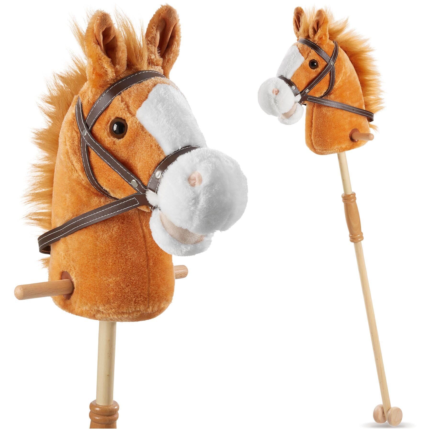 tectake® Cavallo Giocattolo con Bastone per Bimbi, Peluche Cavallo, Cavalli Giocattolo con Bastone in Legno, Doppie Rotelle, Hobby Horse, Idee Regalo Equilibrio per Bambini dai 24 mesi - Marrone
