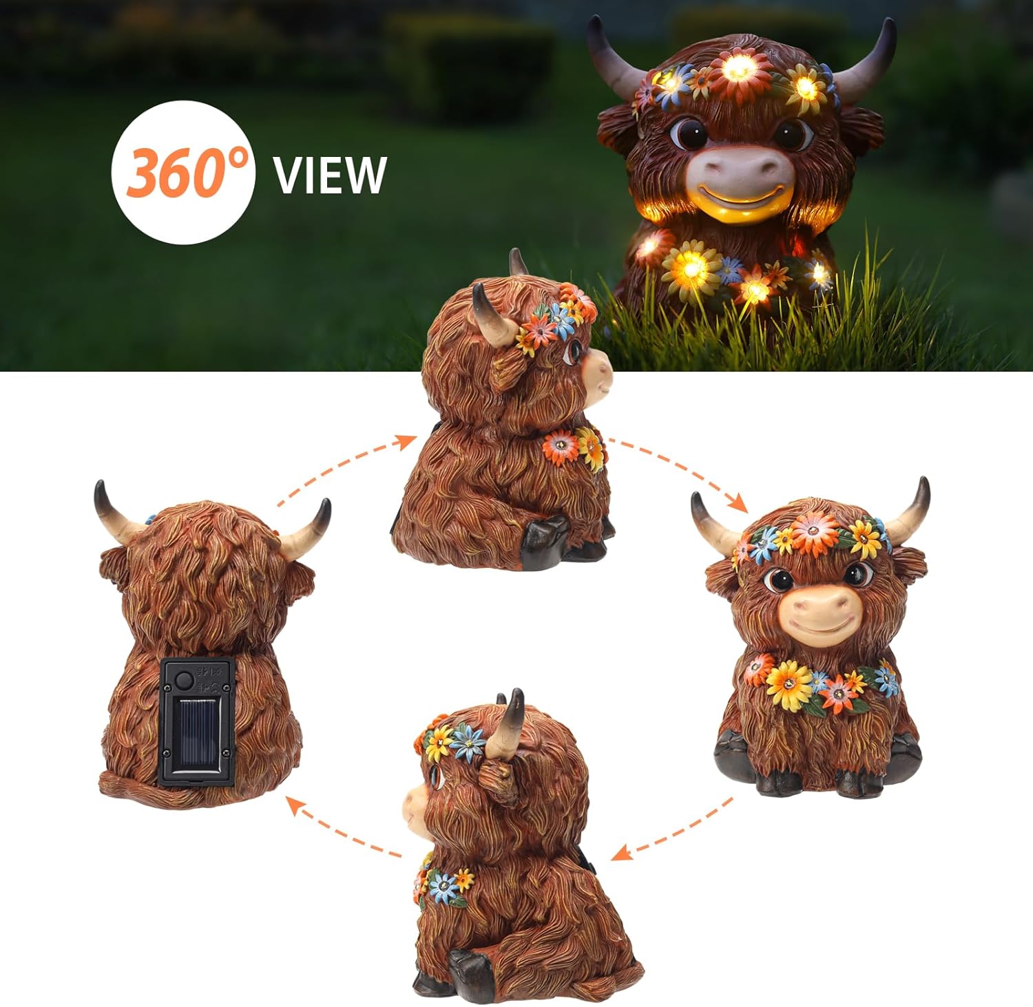Solar Garden Decor Outdoor Statues Highland Cow with Daisy and LED Lights Birthday Gifts for Women Mom Grandma Outside Decorations for Lawn, Porch, Yard, Patio, Balcony