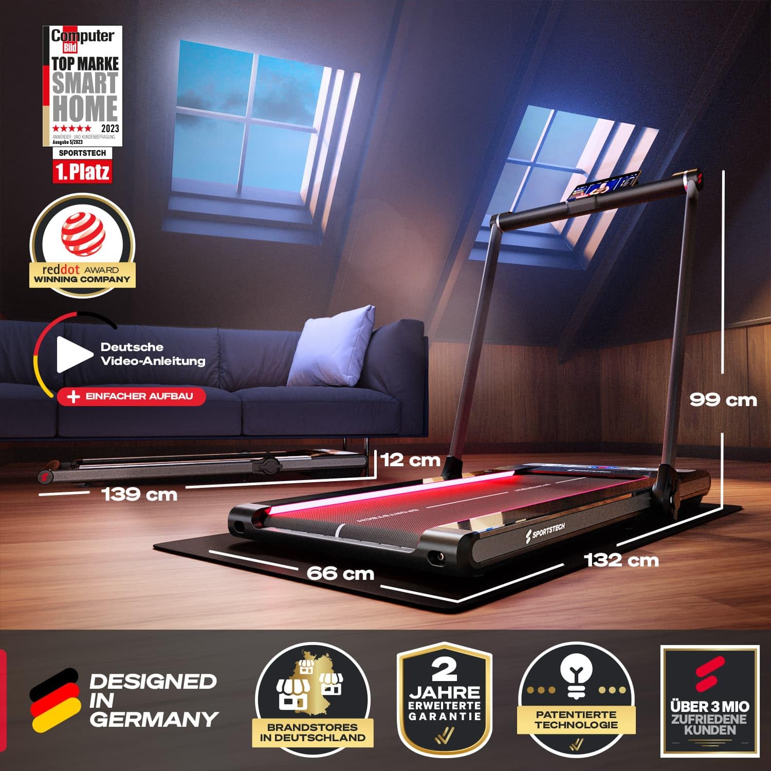 Sportstech sWalk Plus 2in1 Walking Pad klappbar bis 12 km/h, Laufband für Zuhause klappbar, Walking Pad mit Steigung, LED, Bluetooth App, 3,5 PS Motor, bis 130 kg, Laufband für Zuhause