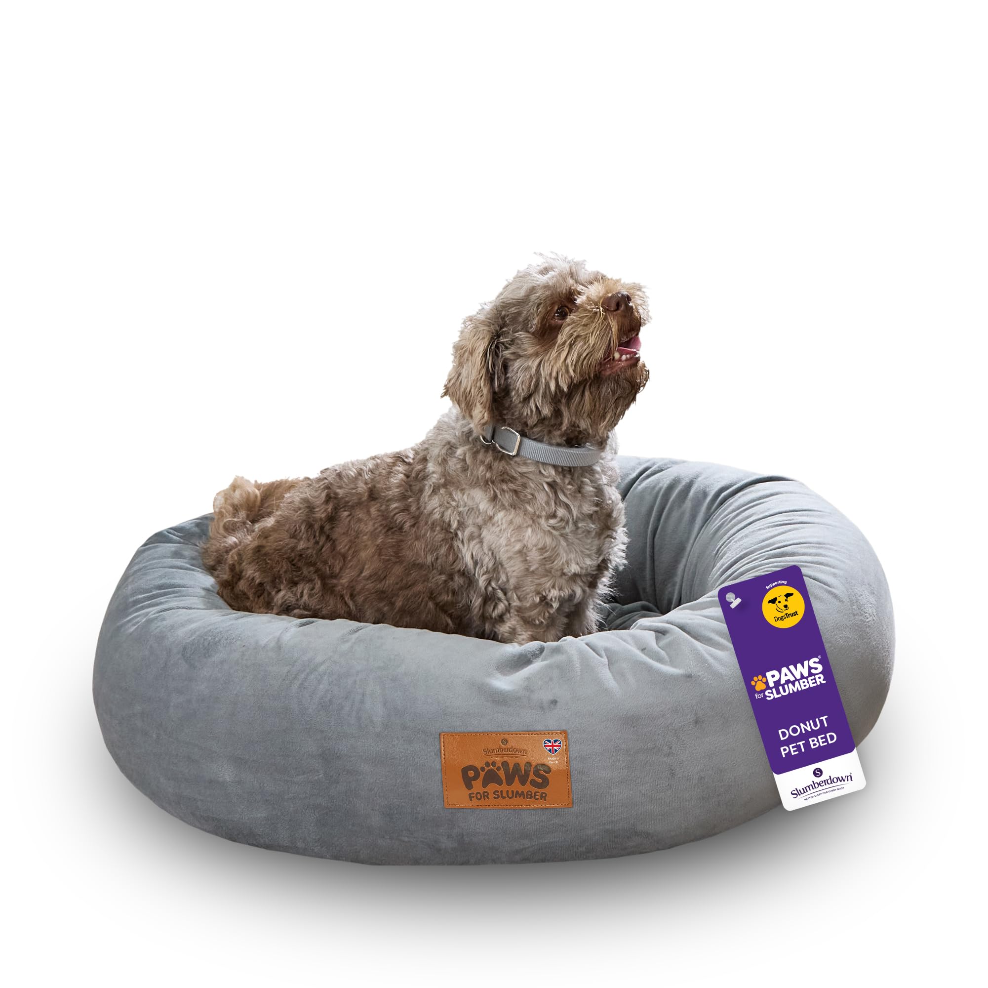 Slumberdown Donut Dog Bed Medium (65 cm) - Soft, Supportive & Calming Nest for Puppy, Dogs & Cats | UK-Made, Washable, Non-Slip Base, Plush Cushioning Comfort in Grey