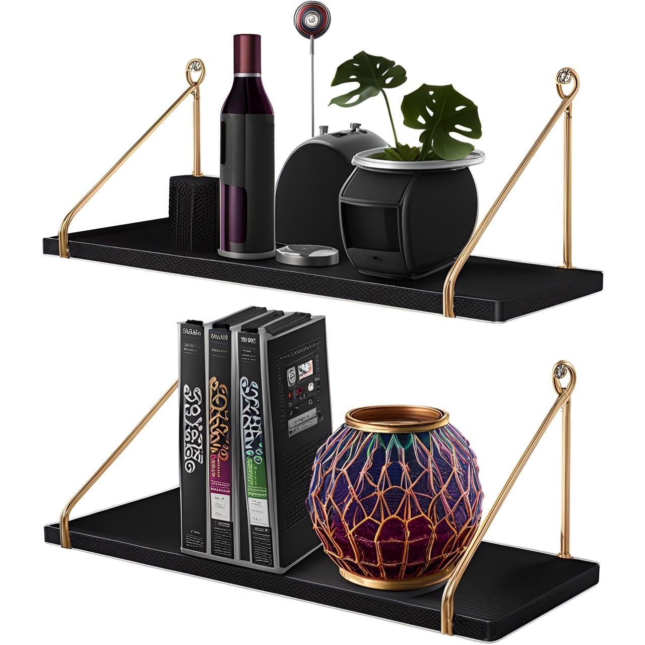 Floating Wall Shelves, Set of 2, Black with Gold Metal Brackets, Wood Shelf for Books, Plants, Decor-image-24