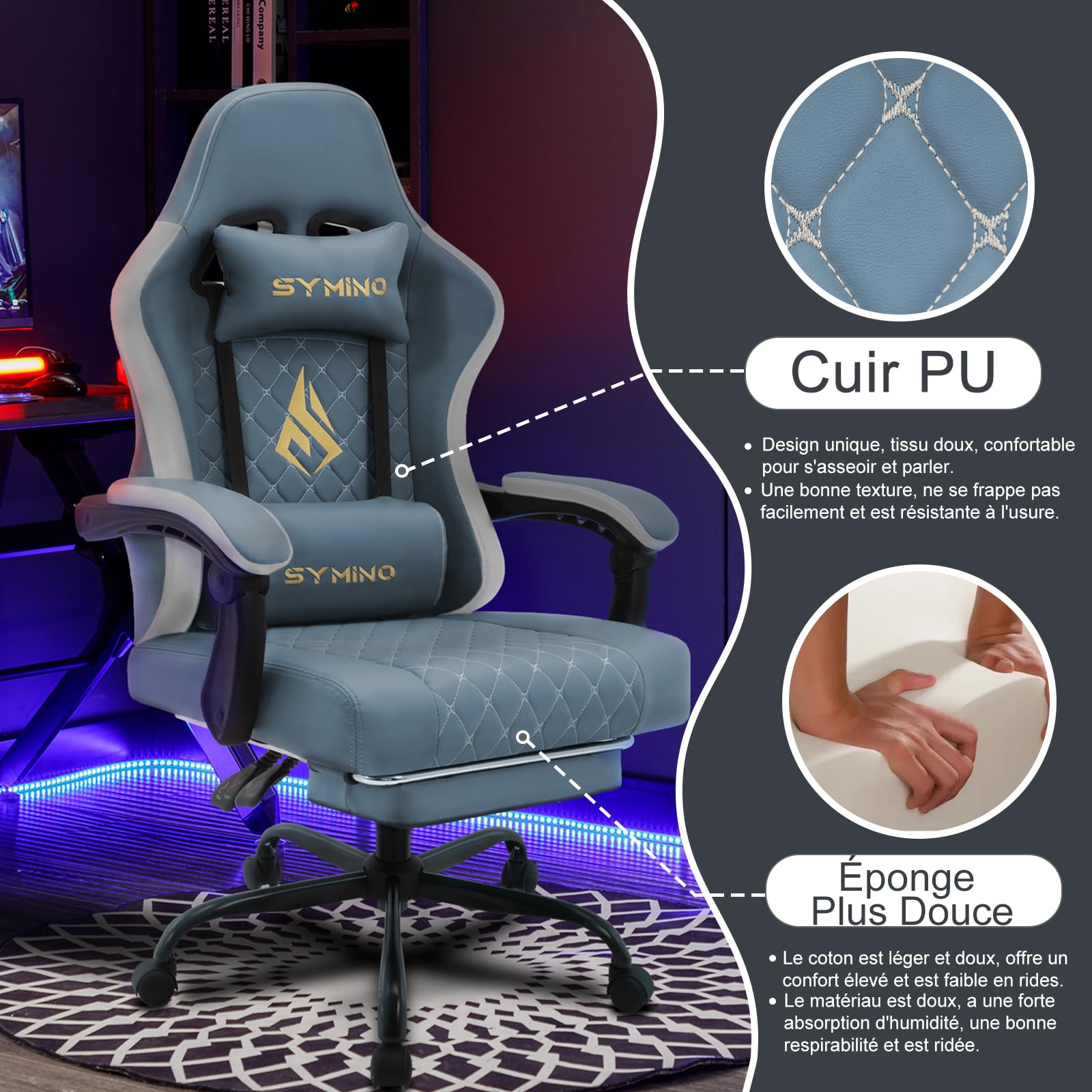 Symino Silla Gaming Ergonómica con Asiento de Espuma Alta Densidad – 150 kg, Reclinable con Soporte Lumbar, Reposabrazos Ergonómicos, Giratoria 360° para Oficina y Escritorio