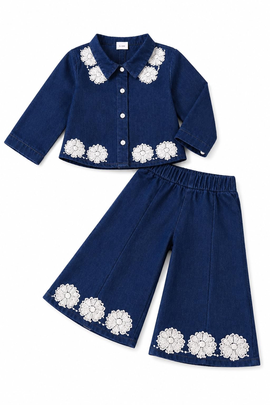 Baby Girls Toddler Soft Denim Premium Outfit Set Long Sleeve Button-Up Shirt with Lace Floral Embroidery & Wide Leg Pants, 2-Piece Casual Clothing Set Baby Girls Denim Cord Set-image-1