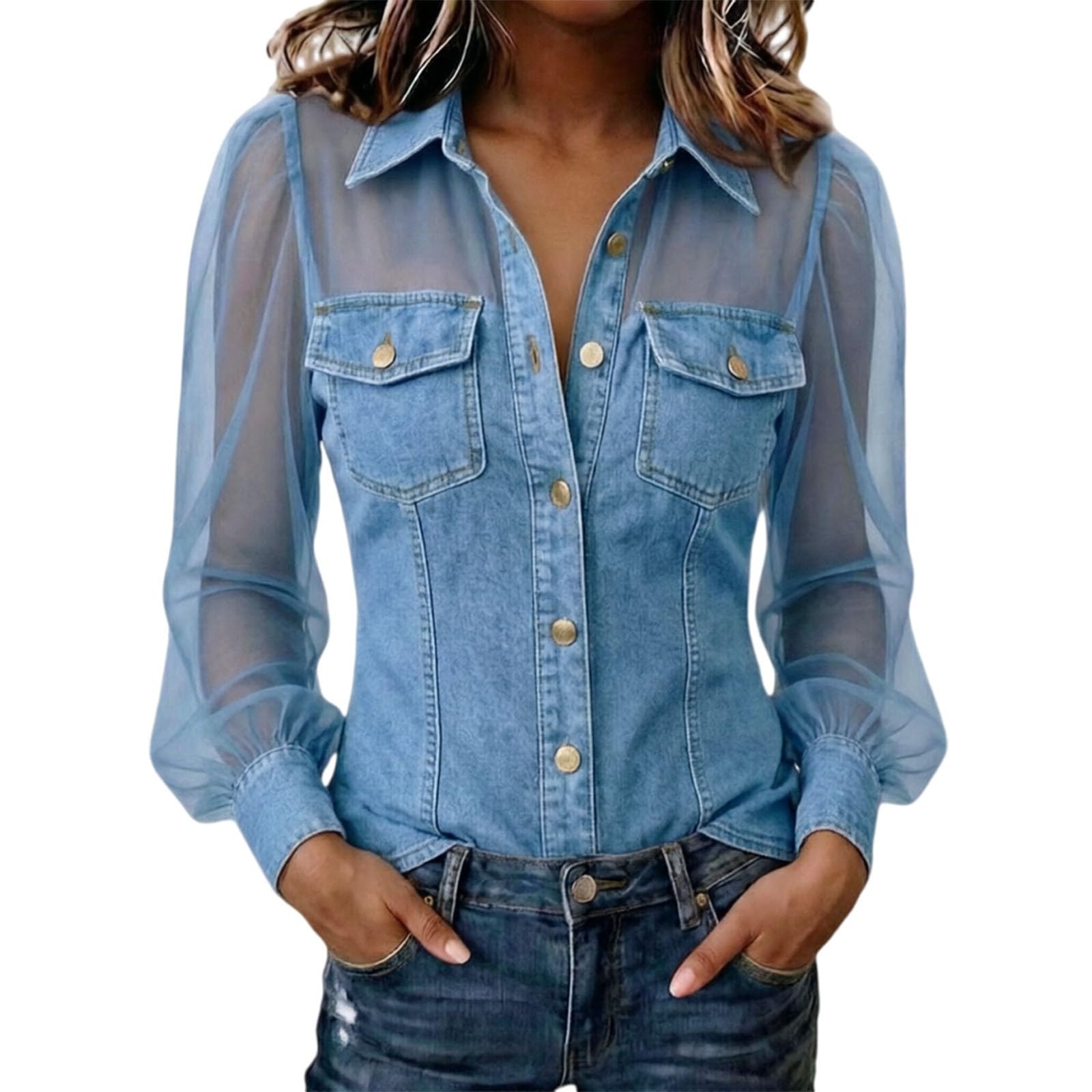 Camiseta sexy para mujer, parte superior de encaje, elegante blusa vaquera