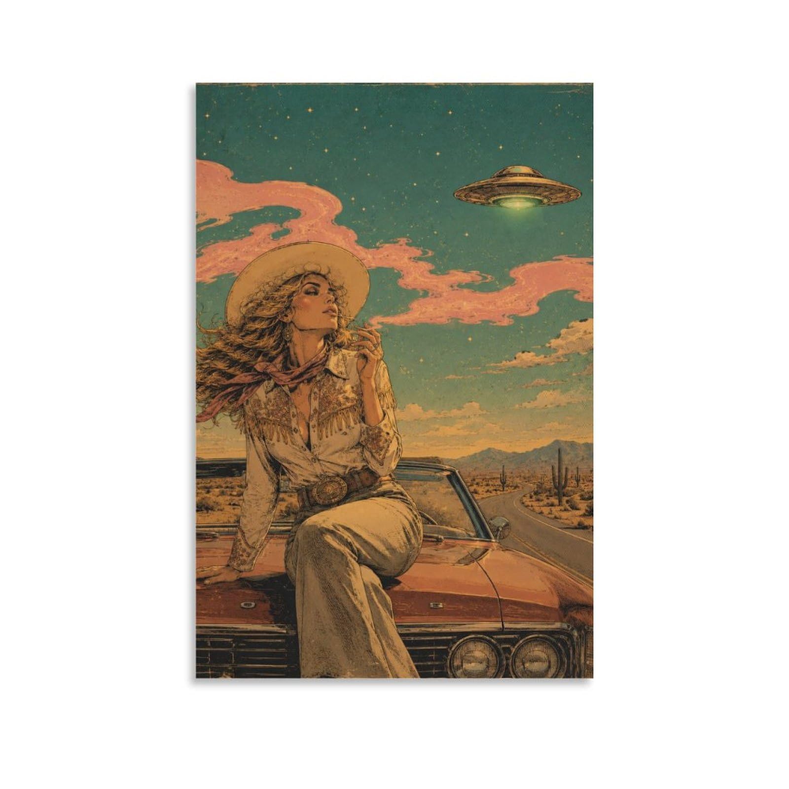 W7C8U2X3 UFO Cowgirl Desert Road Canvas Wall Art, Western Cowgirl Wall Art