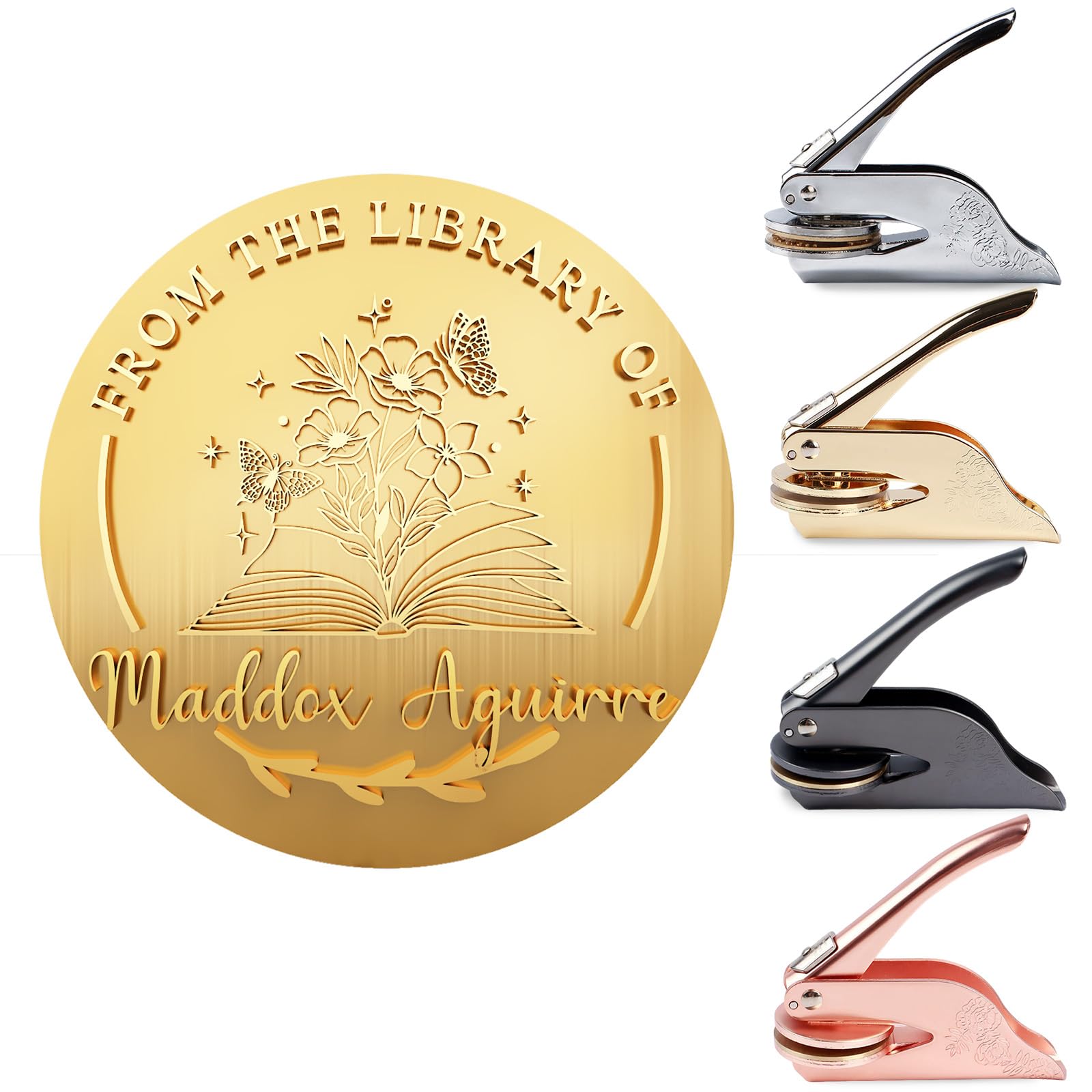 Custom Book Embosser Personalized Stamp | Floral Book Stamp | from The Library of Stamp | Personal Library Stamp | Teacher Stamp | Custom Embosser for Books Paper Journals Documents | Book Lover Gift