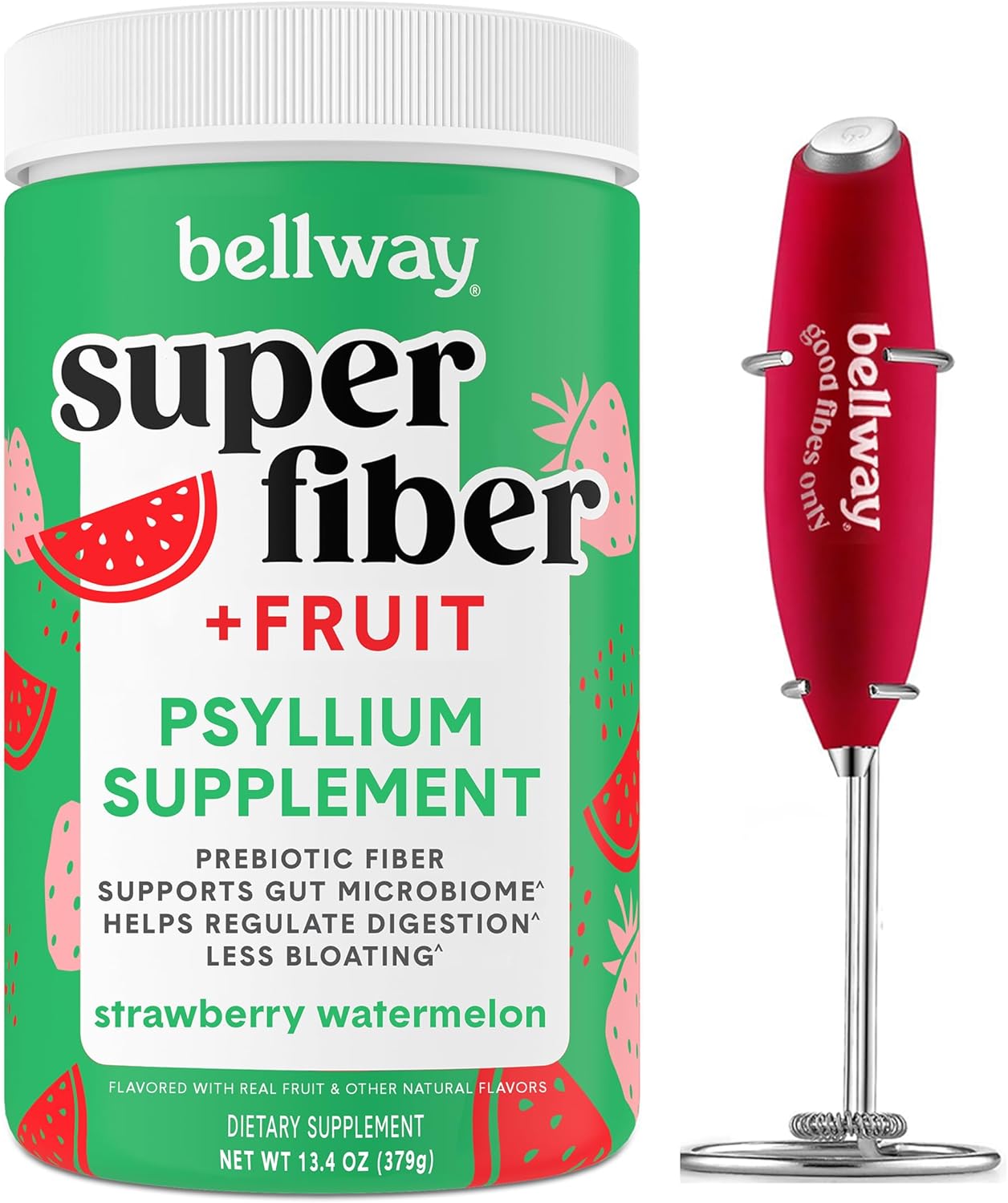 Bellway Super Fiber Powder + Fruit, Strawberry Watermelon Electric Frother Bundle