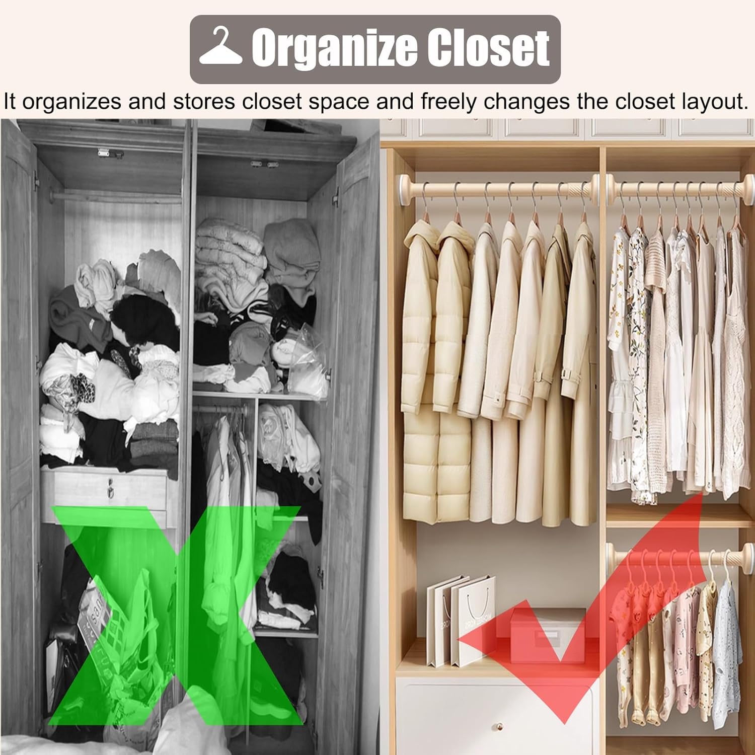 ZIMGOD Closet Rod Adjustable Closet Rod for Hanging Clothes, No Drilling Tension Extender Rod for Bathroom Doorway, Steel Wardrobes Rack Tube for Garment Organizer(Beige,90-160 cm (35.4-63in))