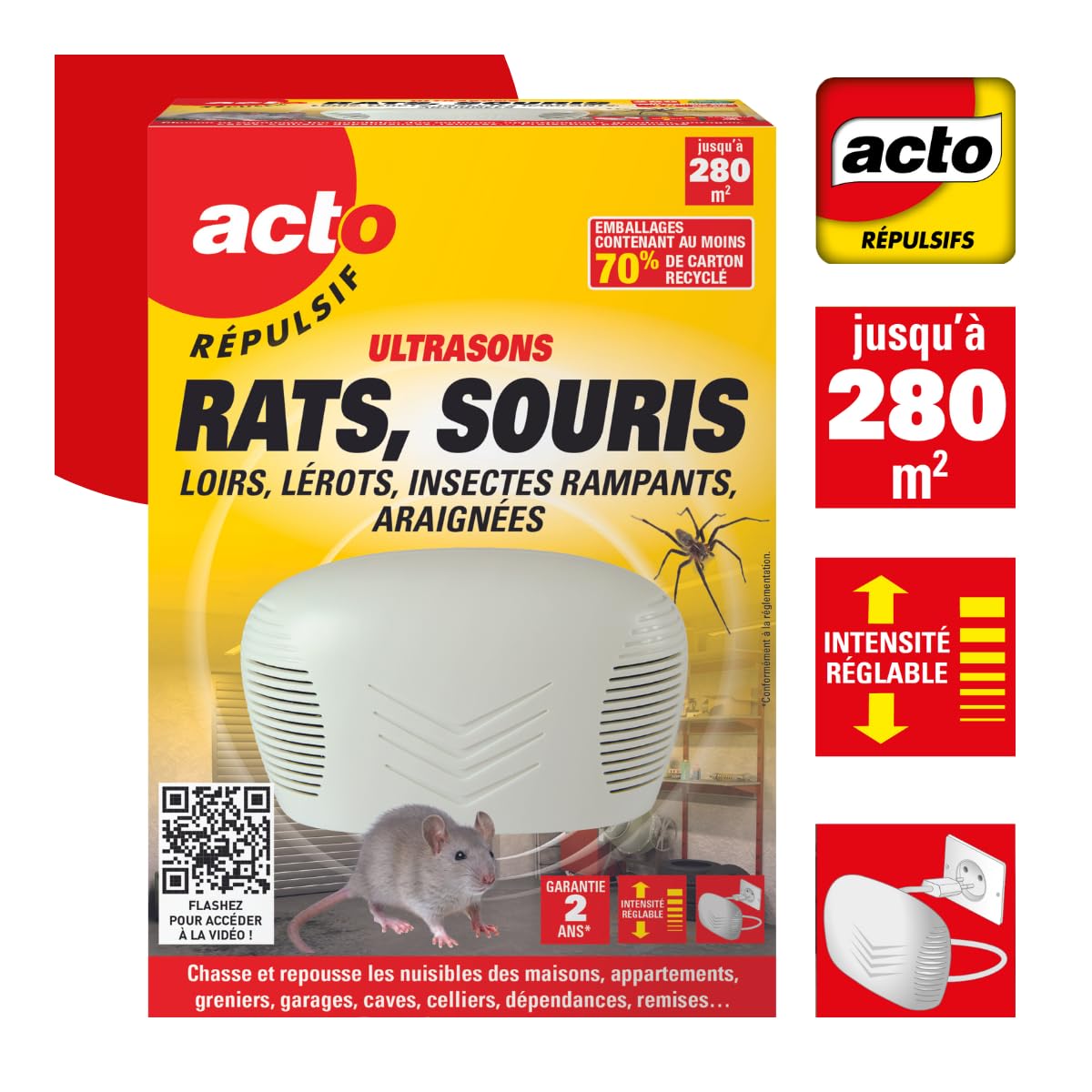 RETRO | RÉPULSIF ULTRASONS RATS, SOURIS, LOIRS,LÉROTS, INSECTES RAMPANTS, ARAIGNÉES | Émetteur d’ultrasons répulsifs | RUS3