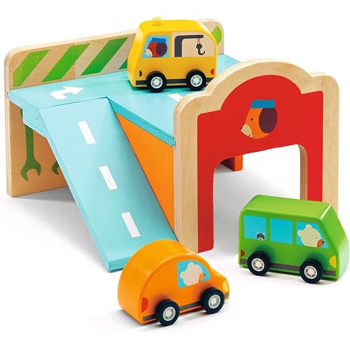 DJECO Early Learning Mini Garage - Cute Vehicle Toys for Toddlers - Fun & Creative Activity for Family & Friends - Wooden Automobile Set for Children 18+ Months Girls & Boys