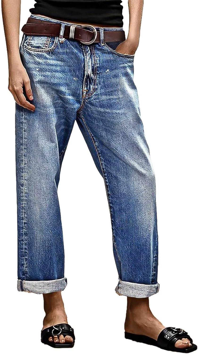 Flamingals Straight Leg Jeans for Women Boyfriend Mid Rise Roll Hem Wash Cropped Denim Pants Without Belt