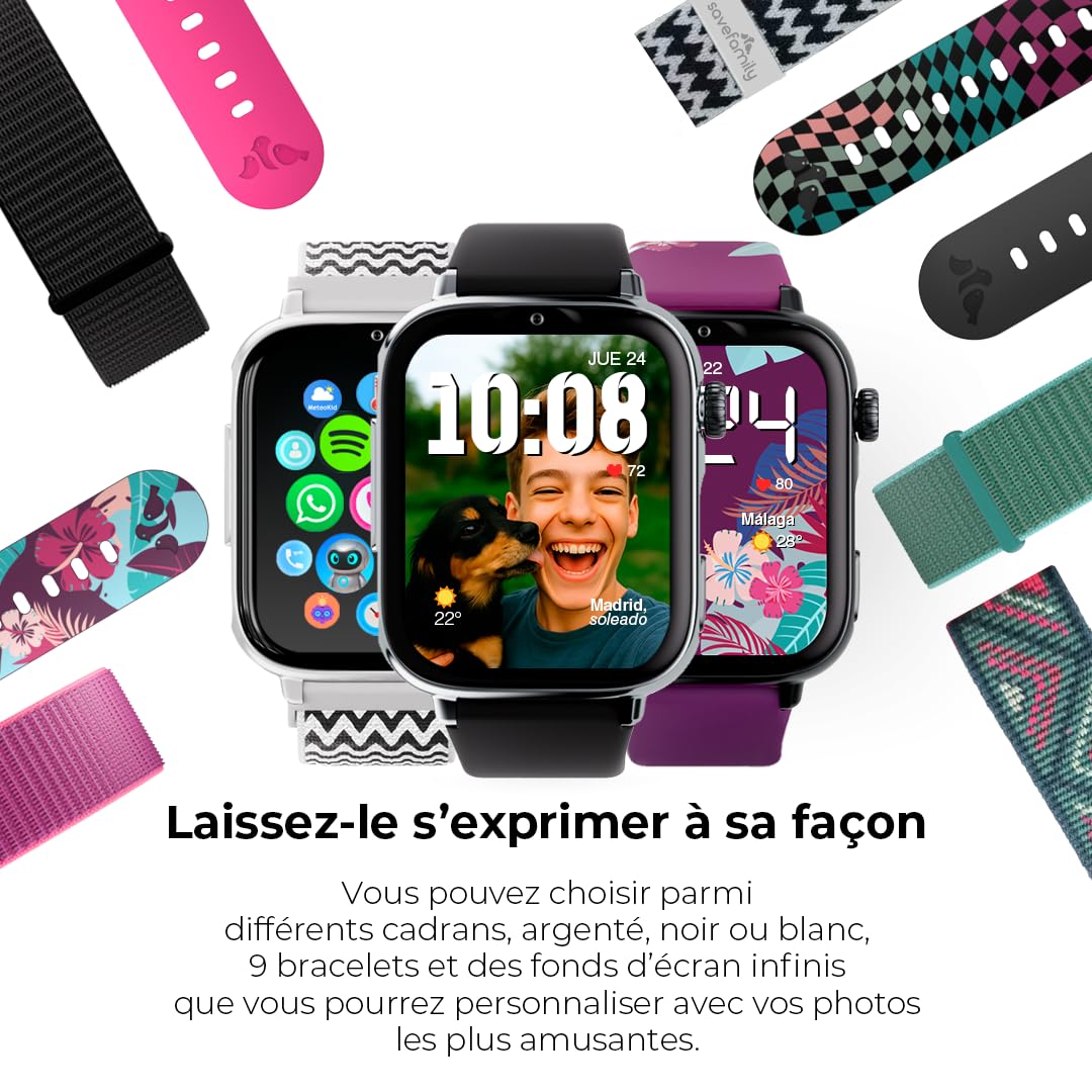 SaveFamily SaveWatch Plus 2 - dziecięcy zegarek z GPS, aparatem 8 MP, bezpieczny WhatsApp, czarna tarcza i pasek z tkaniny Tribeca