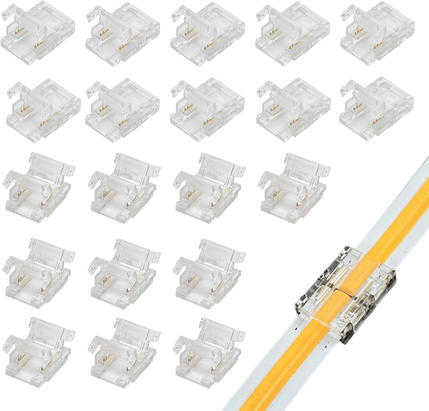 10mm 2Pin 20Pcs LED Light Strip Connectors,Strip to Strip Connectors,Solderless Quick Adapter for Single Color 5V/12V/24V LED Strips,Transparent Terminal for Secure Connection