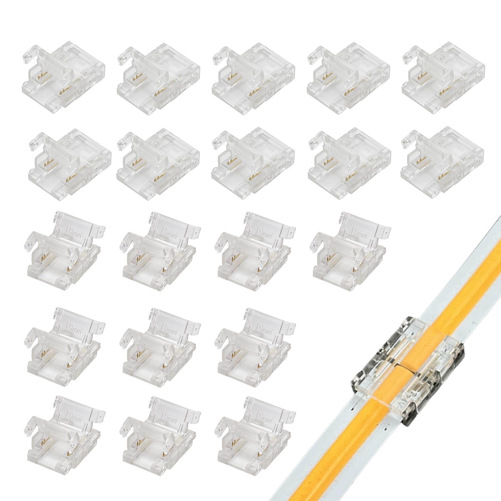 Clearhill 2Pin LED Light Strip Connectors,20Packs-10mm Solderless Quick Adapter for Single Color 5V/12V/24V LED Strips-Durable PVC & Copper,Transparent Terminal for Secure Connection