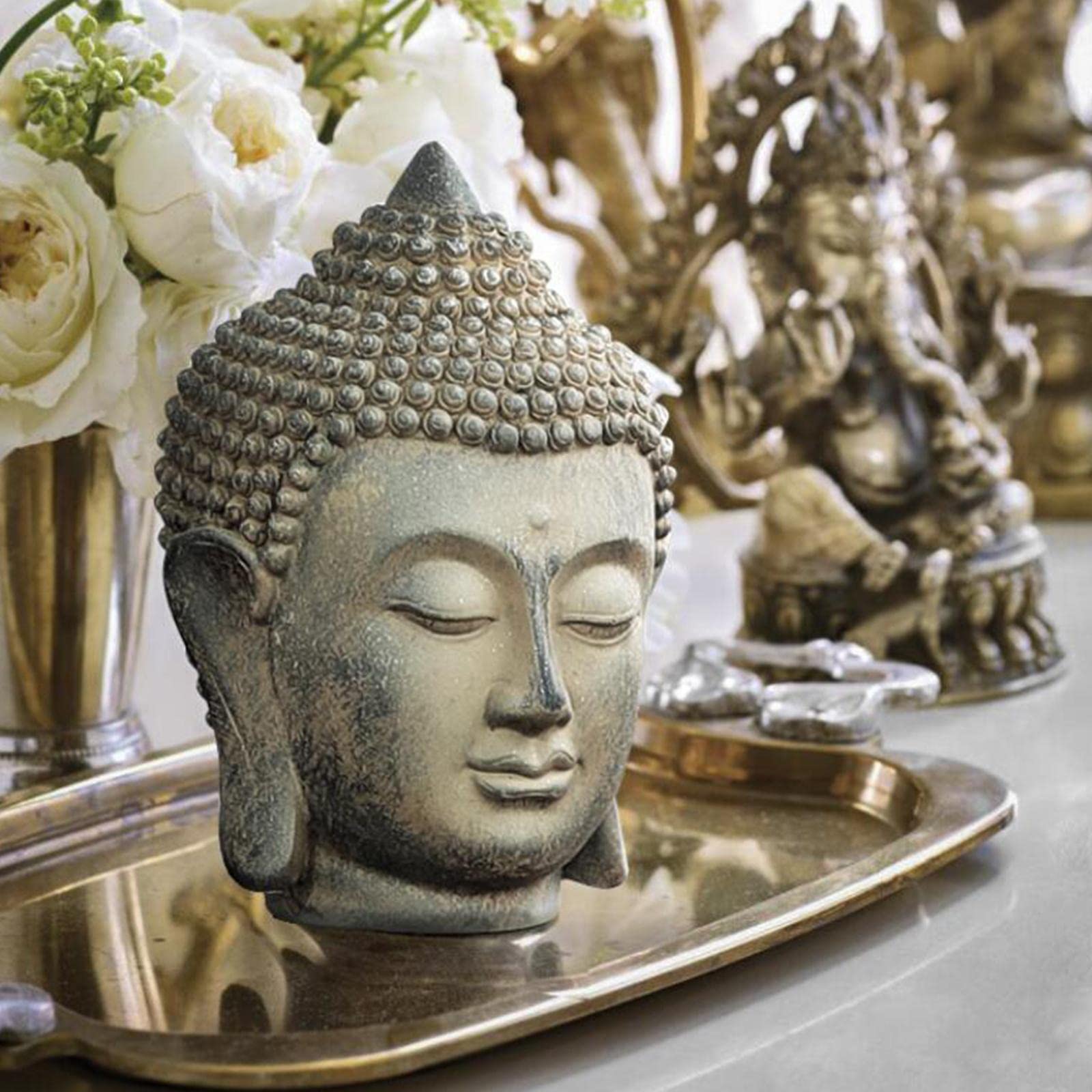 Statua Testa di Buddha, Statuetta, Statue di Buddha Fengshui, Portico Ufficio Soggiorno Ornamento Decorativo Desktop Interno/Esterno, Scultura Med